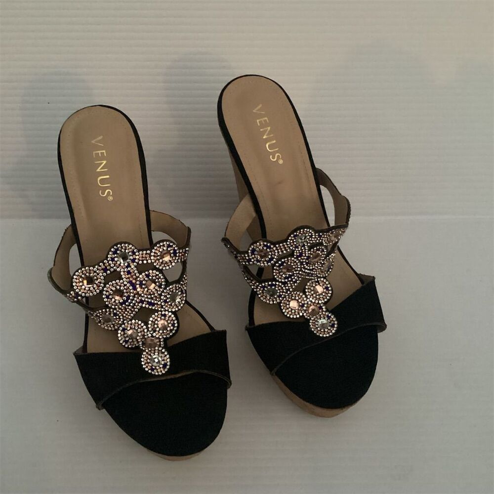 Venus Women's Black Embellished Platform Sandals Size 8‎ Party Wedge